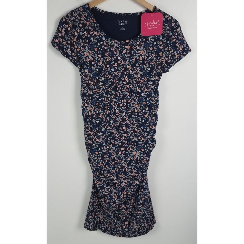 Isabel Maternity Women's Sz. S Navy Floral Rusched Sides Midi Dress NWT